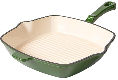 Römerkruka gjutjärn grillpanna fyrkantig 24 cm – stekpanna emaljbeläggning, alla typer av spisar inklusive induktion, ugnssäker 250 °C, grillremsor med låg fetthalt, PFAS-fri, djupgrön