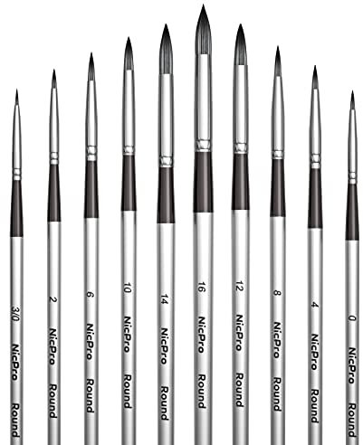 Nicpro 10 Nylon Aquarellpinsel Set, runder Pinsel für Aquarell, Wasserfarben, Acryl, Gouache, Tinte, Öl und Tempera, Künstlerpinsel, Watercolor Brush für bildende Kunst, Handwerk, Malen nach Zahlen
