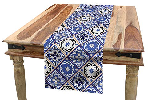 ABAKUHAUS marokkanisch Tischläufer, Geometrische Azulejo Entwurf, Esszimmer Küche Rechteckiger Dekorativer Tischläufer, 40 x 180 cm, Schwarz Creme