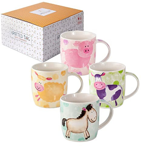 SPOTTED DOG GIFT COMPANY Tassen Tier 4er Set 350ml Porzellan – Süße Bunte Kaffeetassen & Kaffeebecher mit Kuh, Schwein, Schaf & Pferd Motiven | Geschenk für Tierliebhaber Erwachsene & Kinder