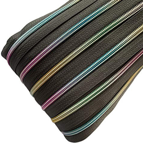 Schnoschi 6 m dunkelgrauer 5mm endlos Reißverschluss mit Regenbogeneffekt 5 mm Laufschiene + 15 Zipper, Spiralreißverschluss