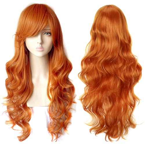 Colorful panda 32 tum/80 cm orange lång lockig vågig cosplay peruker för kvinnor Flickor Barn Anime kostym fest Halloween karneval peruk värmebeständigt syntetiskt hår