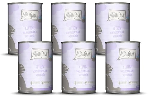 MjAMjAM - nourriture humide premium pour chat - chaton excellent veau à l'huile de saumon, pack de 6 (6 x 400 g), sans céréales avec supplément de viande
