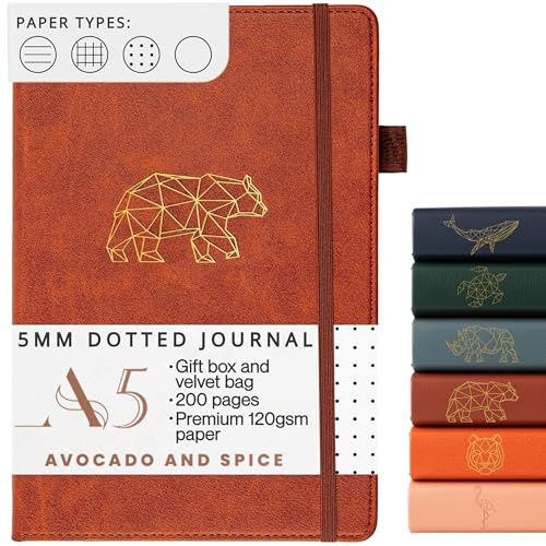 Bullet Planner/Dotted Notebook A5 by Avocado and Spice®, Gift Box & Velvet Bag - Hardback Journal - Mindfulness Journal A5 - Bookmark, Elastic Strap, Pen Holder, 200 pages (Brown, Dotted)