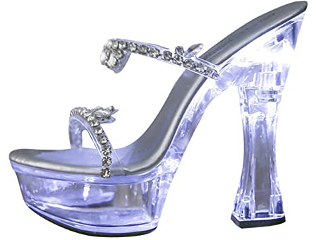 Sandales à talons hauts pour femme avec strass lumineux et talons hauts - Chaussures tendance et sexy - 14 cm - Large largeur, Argenté., 39 EU