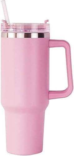 40oz Stainless Steel Tumbler with Handle, Double Wall Vacuum Insulated Travel Mug for Hot Coffee & Cold Beer, Includes Straw (Pink, 1200ml)