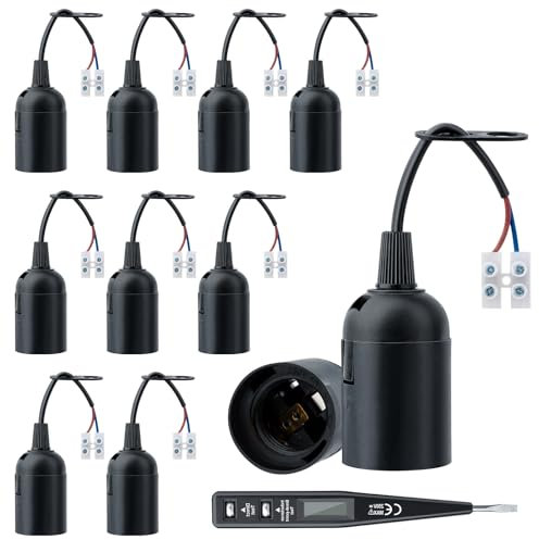 10 PCS Douille E27 Support d'ampoule,E27 rénovation Douille douille de rénovation, douille de rénovation avec Tension VDE/Testeur de Phase Douille de Chantier,Douille de lampe E27 avec câble (Noir)