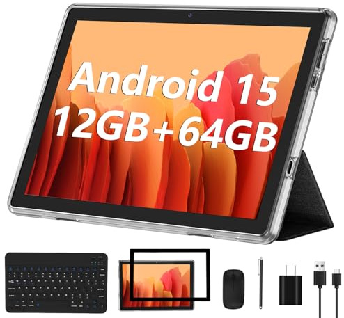 ECOPAD Android 15 Tablet, 10 Inch Tablets with Keyboard Mouse 12GB RAM + 64GB ROM +1TB Expand, 2 in 1 Tableta with WiFi 6 / Bluetooth/GMS Certified/IPS Touch Screen, Black Set