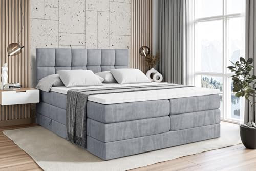 ALTDECOR Boxspringbett mit Matratze und Lattenrost, Topper, Polsterbett mit Bettkasten, Bett mit Stauraum H3- und H4- Matratze, Doppelbett, Springboxbett RICAR King 180x200 - Grau Samt