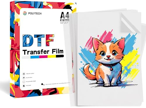 POLYTECH PET DTF - Película de transferencia de calor para impresora de inyección de tinta, A4/60 hojas (8.3 x 11.7 pulgadas), combina con transferencia de polvo adhesivo termofusible a todas las