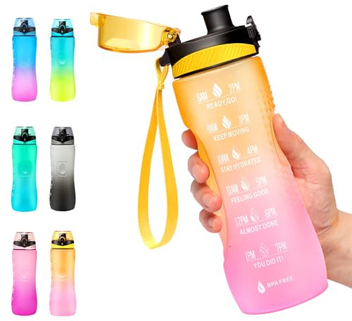 Binudum Trinkflasche Motivations Wasserflasche mit Zeitmarkierung, Sport Tritan BPA freie auslaufsichere Wasserflasche für Jugendliche, Erwachsene, Fitnessstudio (Gelb Rosa, 750 ml)