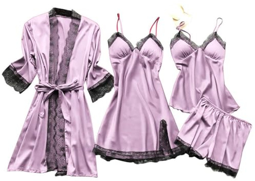 PonPed Conjuntos de Pijama de Seda con Ribete de Encaje para Mujer, 4 Uds., camisón, Pantalones Cortos, camisón, Conjuntos de Ropa de Dormir de satén Sexy (M,Purple)