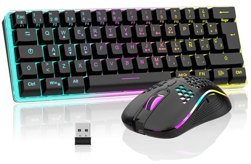 RedThunder Teclado Mecánico Inalámbrico Gaming 60%,Retroiluminación RGB Dinámica,Ratón Celular Ligero de 3200 dpi,Teclado Ultra-Compacto 62 Teclas Anti-ghosting,Disposición QWERTY ES,para PC/PS5/Xbox