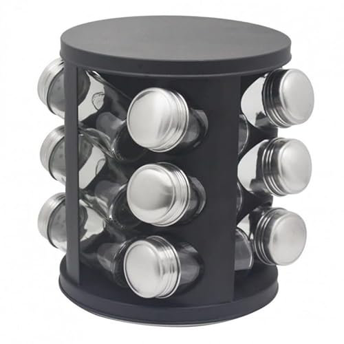 Oliver Voltz Porta Spezie Girevole, Barattoli per Spezie, Supporto in Acciaio Inox, Carosello per Spezie, 360° Rotante (Nero, 12 vasi)