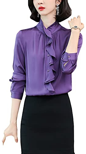 E-Girl Chemise en Soie Violett Unie Manches Longues Col Montant Blouse À Boutons Soie Femme,XXL,S3391