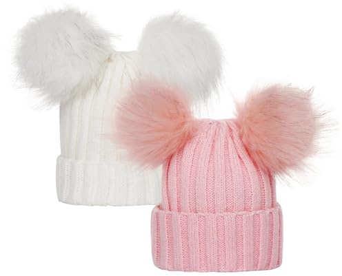 TYXHXTF 2 Pcs Tricoté Bébé Bonnet, Hiver Chaud Bonnet Enfant avec Double Pompon pour Fille Garçon 0 à 3 Ans (Blanc + Rose)