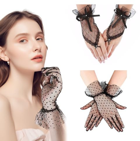 Celiodd 2 Paar Spitzenhandschuhe Schwarz Handschuhe Spitze Spitzen Netzhandschuhe Schwarz 1920er Jahre Vintage Tee Party Handschuhe,Abendessenhandschuhe,Hochzeitshandschuhe