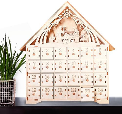 Julkalender i trä – adventskalender 24 utdragbara lådor, nedräkning till jul | högtidsgåva för heminredning, perfekt för att säsongen, LED-lampor