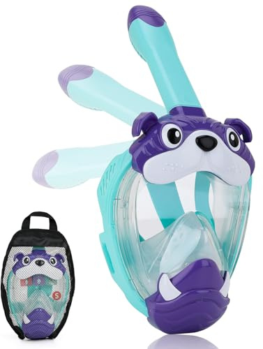 Full Face Snorkel Mask for Kids 4-16, 180 Degree Panoramic View Snorkeling Set Anti-Fog Anti-Leak, Foldable Dry Top Snorkeling Gear for Kids