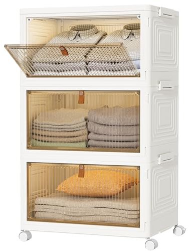 HOMIDEC Wardrobe Storage Organiser with Wheels & Magnetic Doors 33L*3 Tiers | Foldable Stackable Plastic Drawers for Wardrobe/Clothes/Toys, Dustproof Water-resistant Storage Cabinet for Bathroom/Bedroom
