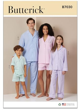 Butterick B7030A Girls', Boys' and Adults' Loose-Fitting Shirts, Pull-on Shorts and Pull-on Pants Sewing Pattern Packet, Design Code B7030, Sizes XS - L/XS - XL
