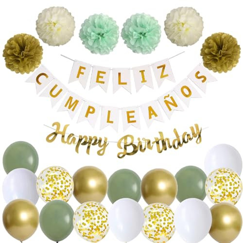 Blanco Verde Cumpleaños Decoración Set Feliz Cumpleaños Guirnalda Globos Blanco Verde Globos 6 Pompoms Decoración de Cumpleaños Niño