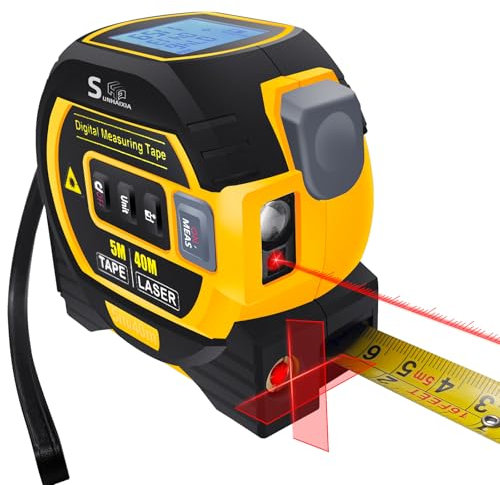 Fitdays - Telémetro láser 4 en 1 40 m con pantalla LCD grande, medidor láser digital en /ft/m cálculos, cinta métrica 5 m, láser cruzado para horizontal/vertical, color amarillo