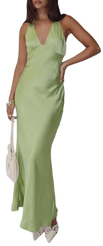 Summer Dresses for Women 2026 Satin Sexy Halter V Neck Backless Bodycon Elegant Formal Prom Cocktail Wedding Guest Maxi Dress Light Green M