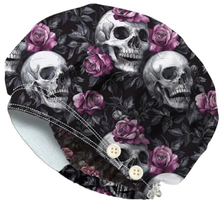 DELORIGIN Unisex Op Haube für Damen und Herren Bedruckte Hut Mit Totenkopf Und Rosenmotiv Verstellbare Arbeitshut Mit Knopf Und Schweißband Baumwolle Bouffant Hüte Für Krankenschwester Chirurgenmütze