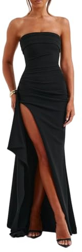 Zesoyne Womens Strapless Maxi Dress with Irregular Hem High Slit Ruched Elegant Evening Party Casual Long Dresses XS Black