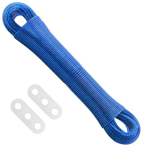 50 m Cuerda Tendedero Exterior, Cuerda para Tender Ro con 2 Hebillas, Cuerda de lavandería Flexible para Interior y Exterior (Azul)