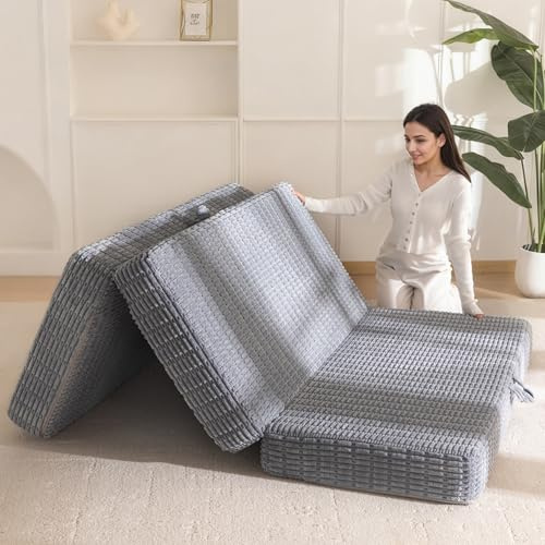 BYBYME Memory Foam Tri-Folding Mattress, 6 Inch Gel Folding Mattress Topper, Foldable Soft Guest Bed Camping Pad, with Washable Cover (Grey, Queen)