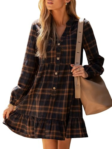 CUPSHE Vestido de otoño para mujer, a cuadros, dobladillo con volantes, cuello en V, manga larga, botones, vestido corto tipo túnica, marino, Large