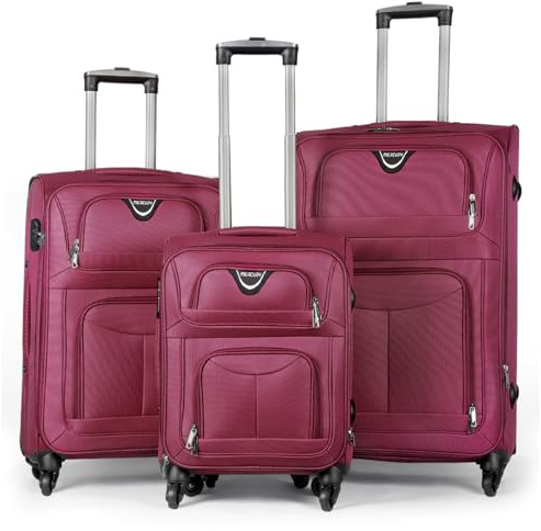 MERCURY TEXTIL - Juego de Maletas 3pcs de Tela con 4 Ruedas Giratorias 360°, Expandible (Cabina, Mediana y Grande), con Cierre de Seguridad - Ideal para Viajes y Vacaciones (Burdeos)