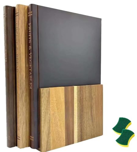Set 3 Tablas de Corte a Doble Cara con Soporte, Antideslizante Tabla de Cortar con Forma de Libro, Resistentes Trinchar Tabla en Madera Maciza, Aptas para Lavavajillas Tablas de Desayuno