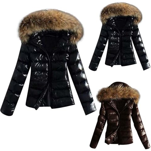Generico Piumino Morbido Lucido da Donna Giacca Corta In Pelliccia Artificiale Piumino Caldo Ispessito Giubbino Trapuntato con Zip Tasche Giacca Casual Outdoor Cappotti Invernale (01-Black, M)