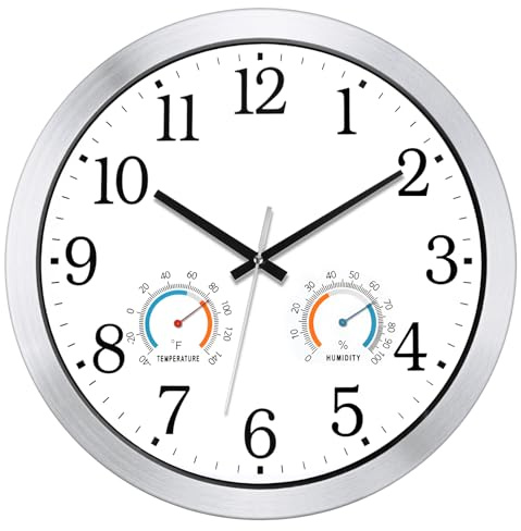 Caysie Reloj de pared de cuarzo sellado de 40,6 cm para interiores y exteriores, impermeable, con termómetro e higrómetro, funciona con pilas, para patio, piscina, baño, exterior y hogar (blanco)