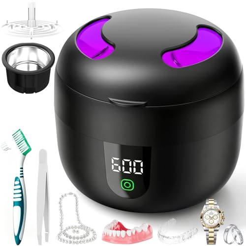 QumKal Ultrasonic Retainer Cleaner, 45khz Removable Tank Ultrasonic Cleaner | 4 UV-C Light, Removable Tank, Low Noise, 360° All-Round Deep Clean, For Dentures, Dental Braces, Aligners, Jewelry