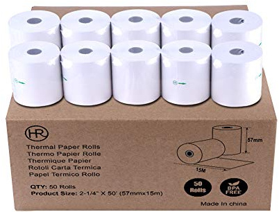 Papel térmico 2 1/4 x 50 '（15m) POS Papel de recibo, 57x36mm Rollo de caja registradora por marca Happaper (50 rollos)