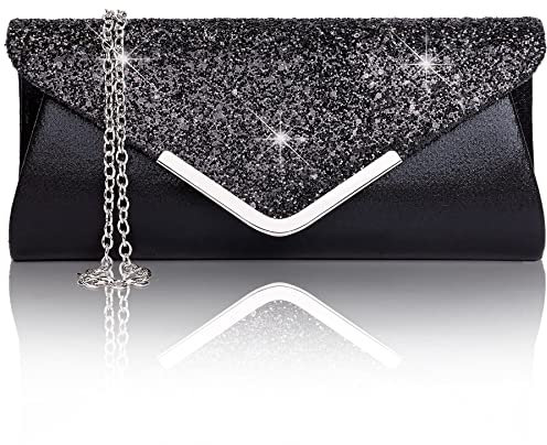 Larcenciel Damen Clutch Abendtasche Unterarmtasche Umhängetasche mit Strass-Steinen und abnehmbarer Kette in den Farben Silber Gold Altrosa(Schwarz)