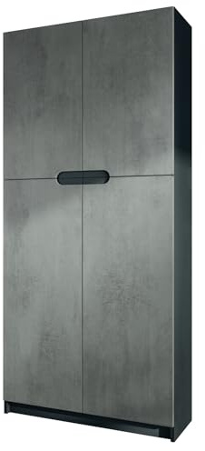 Vladon Meuble Rangement Bureau Logan V1, Armoire de Bureau Haute avec 5 Compartiments et 4 Portes, Noir Mat/Aspect béton foncé (82 x 185 x 37 cm)