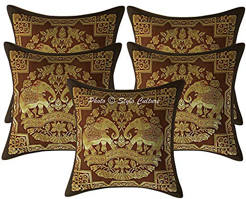 Stylo Culture Bohemio Fundas De Almohadones Decorativa 30x30 cm Brocado De Seda Elefante Forros para Cojines Sofa Marrón Café 12x12 Inch Jacquard Cuadrado Cremallera Cojin para La Cama - 5 Pcs