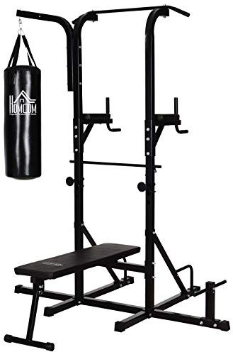 HOMCOM Kraftstation mit Klimmzugstange, Multifunktionale Dip-Station, Trainings-Gerät für Zuhause, mit Boxsack, Fitness, Stahl, Schwarz, 180 x 183 x 219 cm