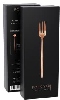 FORK YOU set de cubiertos de postre cobre mate (8 piezas) tenedor para tarta y cuchara para latte macchiato, acero inoxidable, apto para lavavajillas, set de regalo