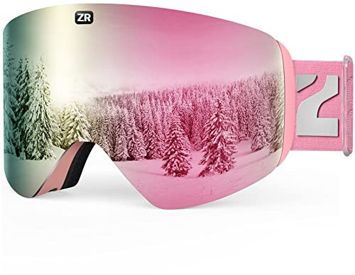 ZIONOR X11 Ski Snowboard Snow Goggles with Magnetic Interchangeable Cylindrical Lens Anti-fog UV Protection for Men Women Adult （VLT 6% Pink Lens）