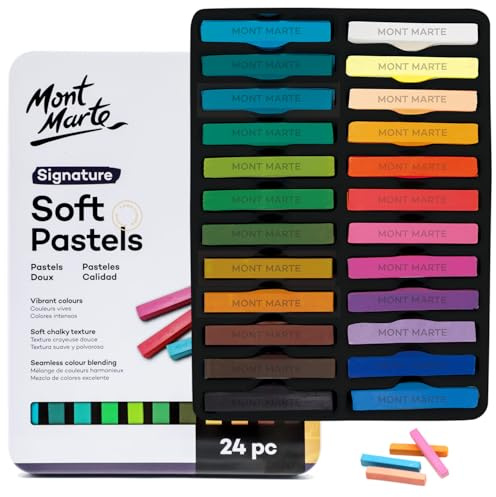 MONT MARTE Soft Pastels in Tin Box Signature 24pc, 24 Assorted Colours, Vibrant Pastel Sticks, Great Blending, Comes in Storage Case, Ideal For Art, Craft, Colouring and Sketching