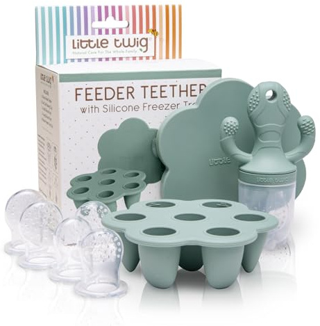 Little Twig Baby Fruit Feeder Pacifier & Teether Set – Silicone Baby Food Feeder with Freezer Tray, BPA Free Teething Toy for Infants, Breast Milk Pops, Fruit & Puree Feeder, Baby Led Weaning Kit