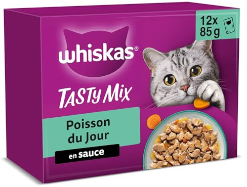 WHISKAS TASTY MIX Aliment humide en sauce Chat adulte 12x85g Pêche du Jour (Lot de 4) 48 Sachets