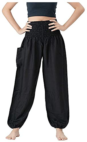 IQYU Harembyxor för kvinnor, ballongbyxor, enfärgade eleganta yogabyxor, långa fritidsbyxor, säckiga sportbyxor sommar, eleganta hög midja, byxor, kvinnor, tygbyxor, byxor, byxor, sportbyxor