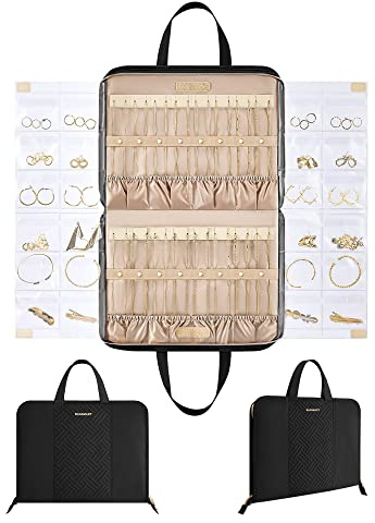 BAGSMART Travel Jewelry Organizer Case Portable Jewelry Roll Bag Tangle-free Necklace Storage Foldable Transparent Pockets for Earrings Rings Bracelet Travel Essentials Black